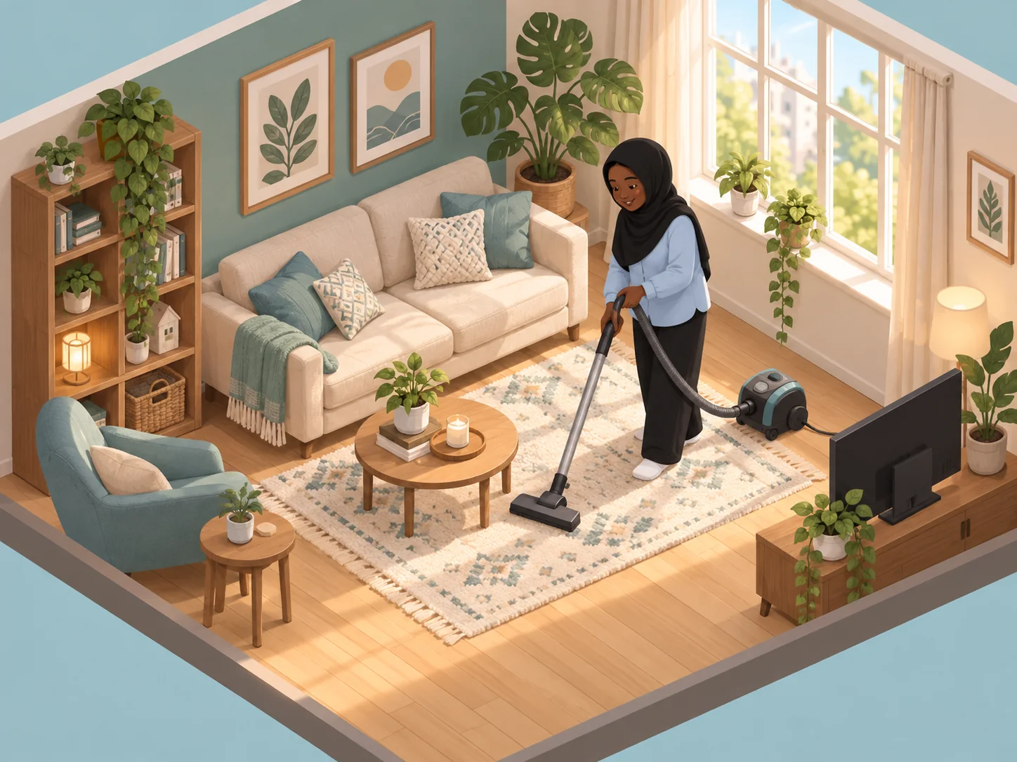 Illustration of Nandoro vacuuming a living room